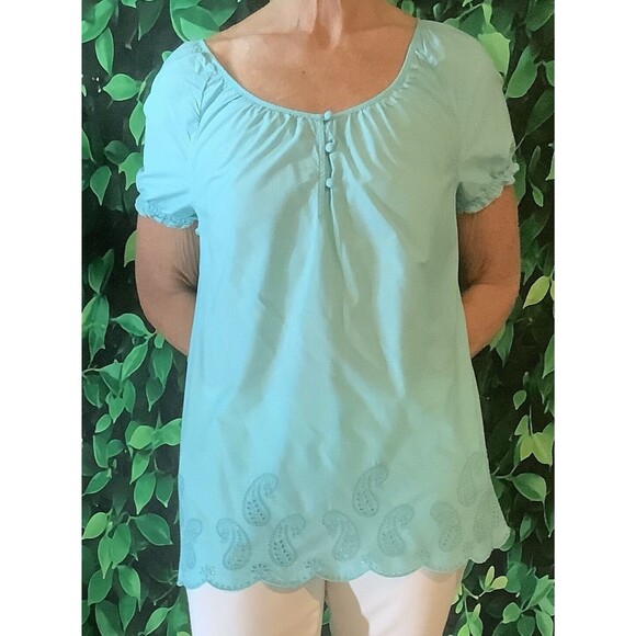 🌊 Tommy Hilfiger Aqua Blouse – Scalloped Hem, Cut-Out Paisley Detail – Size M - Picture 2 of 5